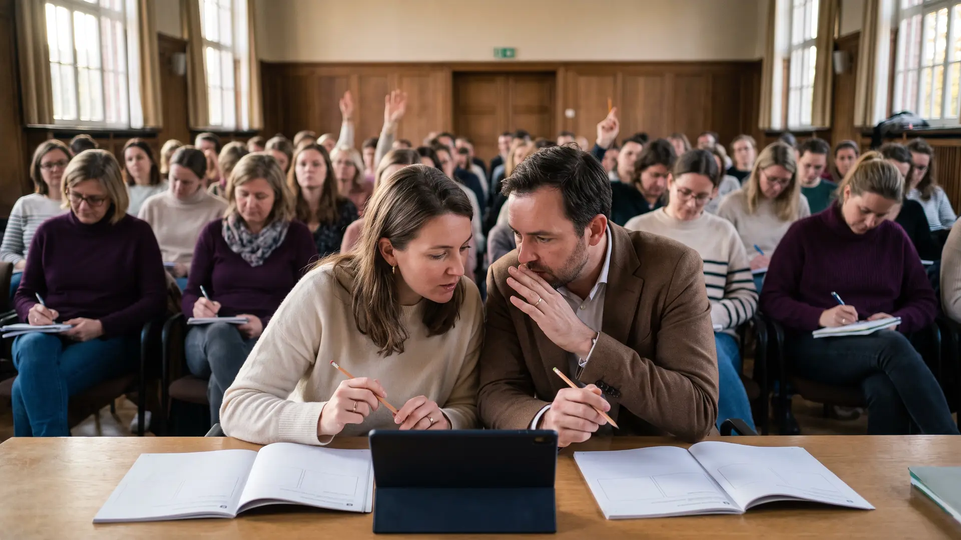 Een volle zaal met leerkrachten tijdens een navormingsdag; op de voorste tafel liggen opengeslagen werkboeken en een tablet.