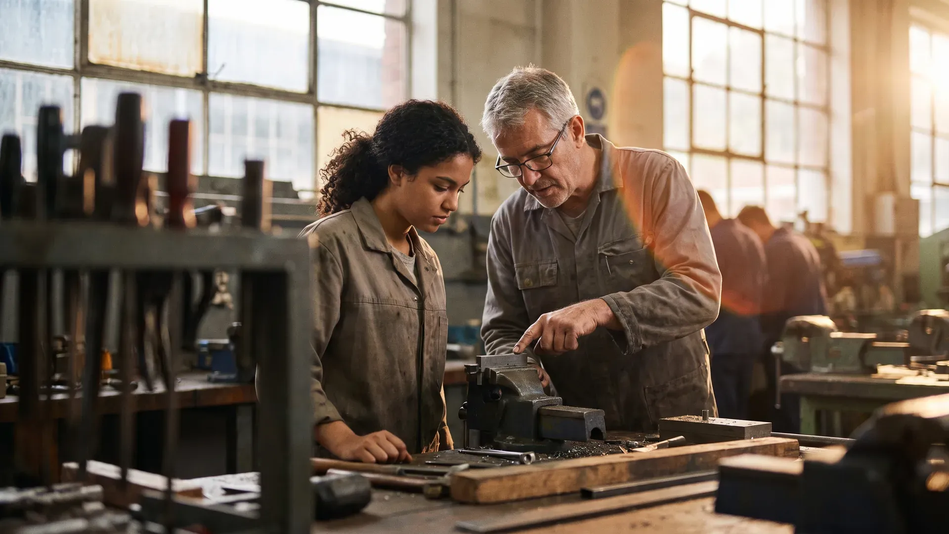 Een leerling en een oudere mentor buigen zich samen over het werk aan een werkbank in een technisch atelier.