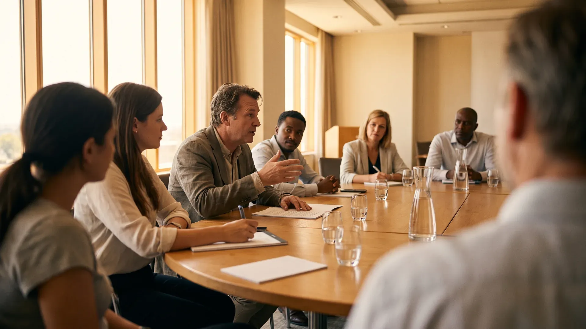 Deelnemers aan een ronde tafel tijdens een internationale bijeenkomst, één spreker maakt een gebaar.