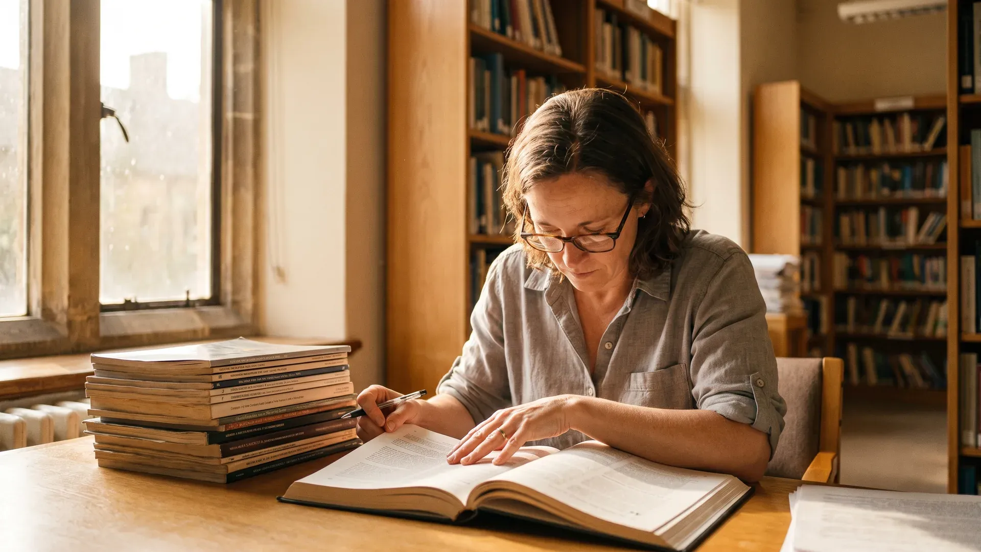 Een onderzoeker leest een artikel aan een bureau, met een stapel tijdschriften naast zich en boekenkasten op de achtergrond.