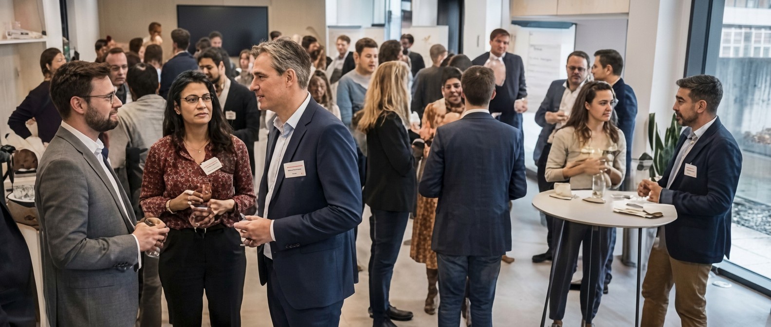 Leden-uitgevers in gesprek tijdens een GEWU-netwerkmoment in een licht kantoor