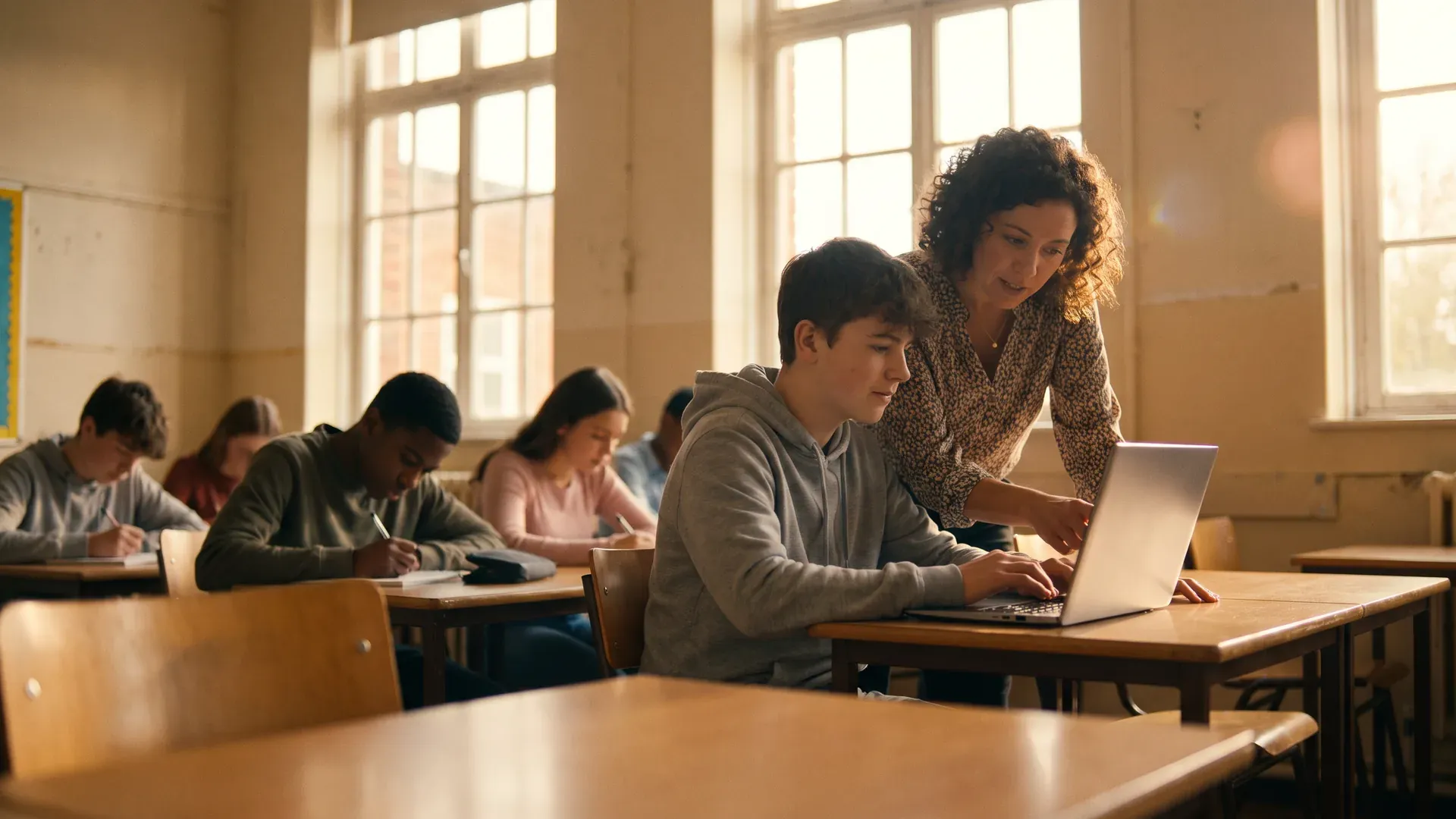 Een leerkracht buigt zich over de laptop van een leerling in een klaslokaal met tegenlicht.